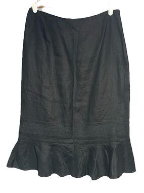 Ann Taylor LOFT Black Ruffle Hem Midi Skirt 100% Linen Size 10 Lined